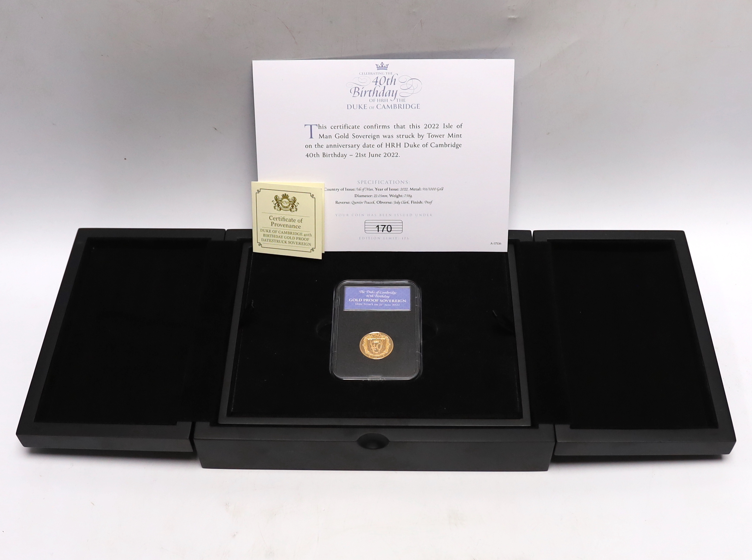 Gold coins, Isle of Man HRH Duke of Cambridge 40th Birthday sovereign, no. 170/175, issued by CPM coins, cased.